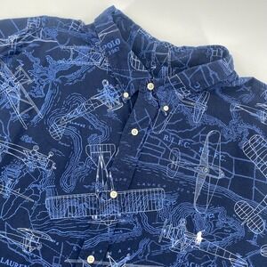 Polo Ralph Lauren Button Down Men 4XLT Navy Blue Airplane Map Print Oxford Shirt